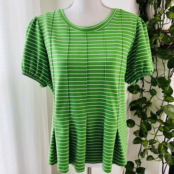Maeve by Anthropologie Green & White Striped Peplum Ruffle Blouse - Size Large - Picture 1 of 9